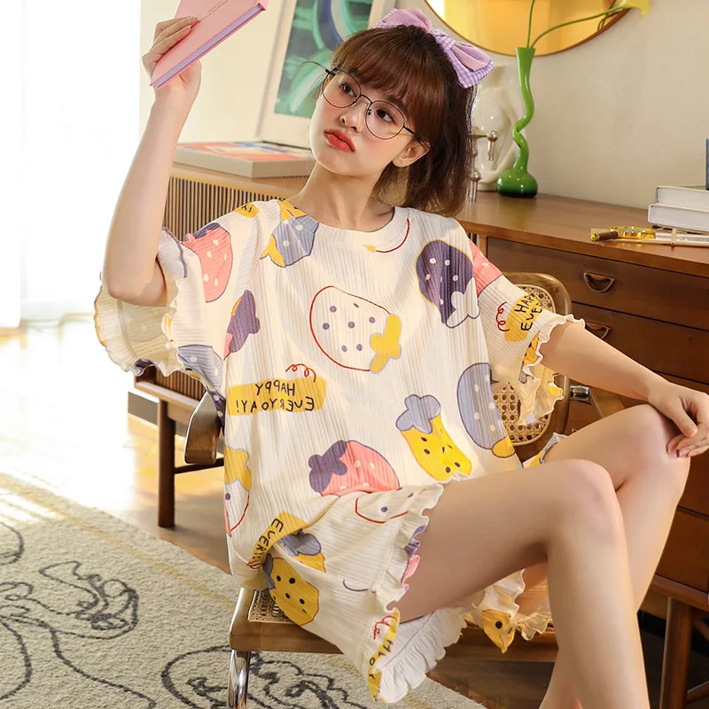Kawaii Korean Cartoon Puppy Pajamas Cotton Ruffle Short Sleeve Homewear Fashion Blue Splicing Women Sleepwear Summer Pajamas Set
Kawaii Korean Cartoon Puppy Pajamas Cotton Ruffle Short Sleeve Homewear Fashion Blue Splicing Women Sleepwear Summer Pajamas Set