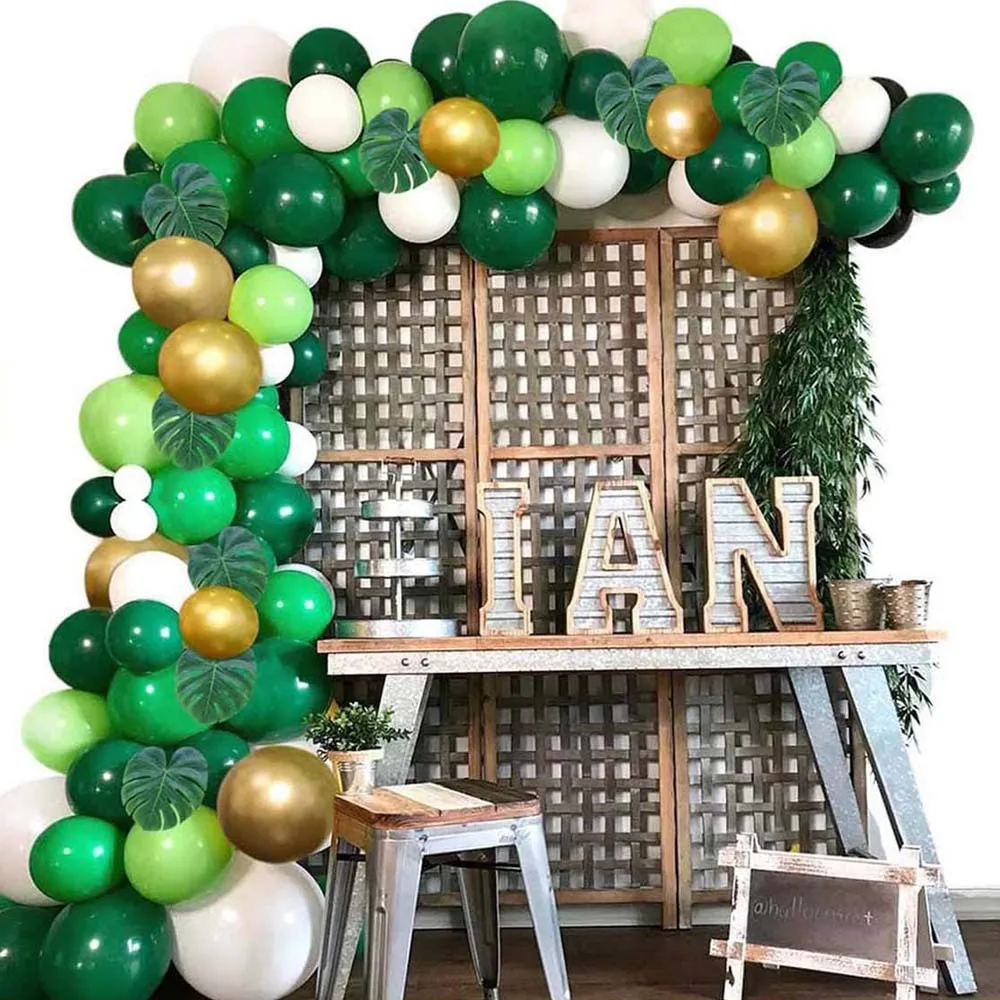 

120pcs/lot Jungle Safari Theme Party Latex Green Gold Balloons Palm Leaves Set Hawaii Birthday Baby Shower Party Decoration xx54