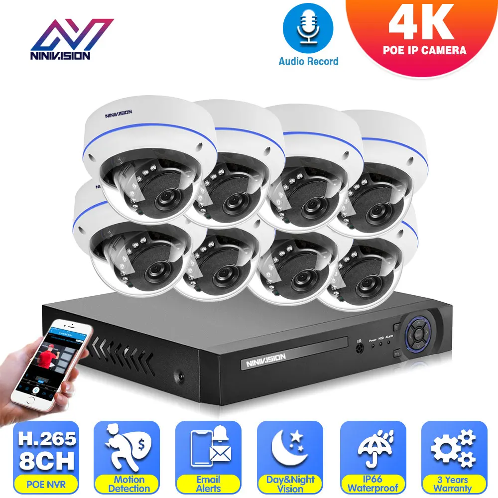 

Система видеонаблюдения H.265, 8 каналов, 8 Мп, 5 МП, Ultra HD, 4K, POE, уличная IP-камера с записью звука, комплект видеорегистратора