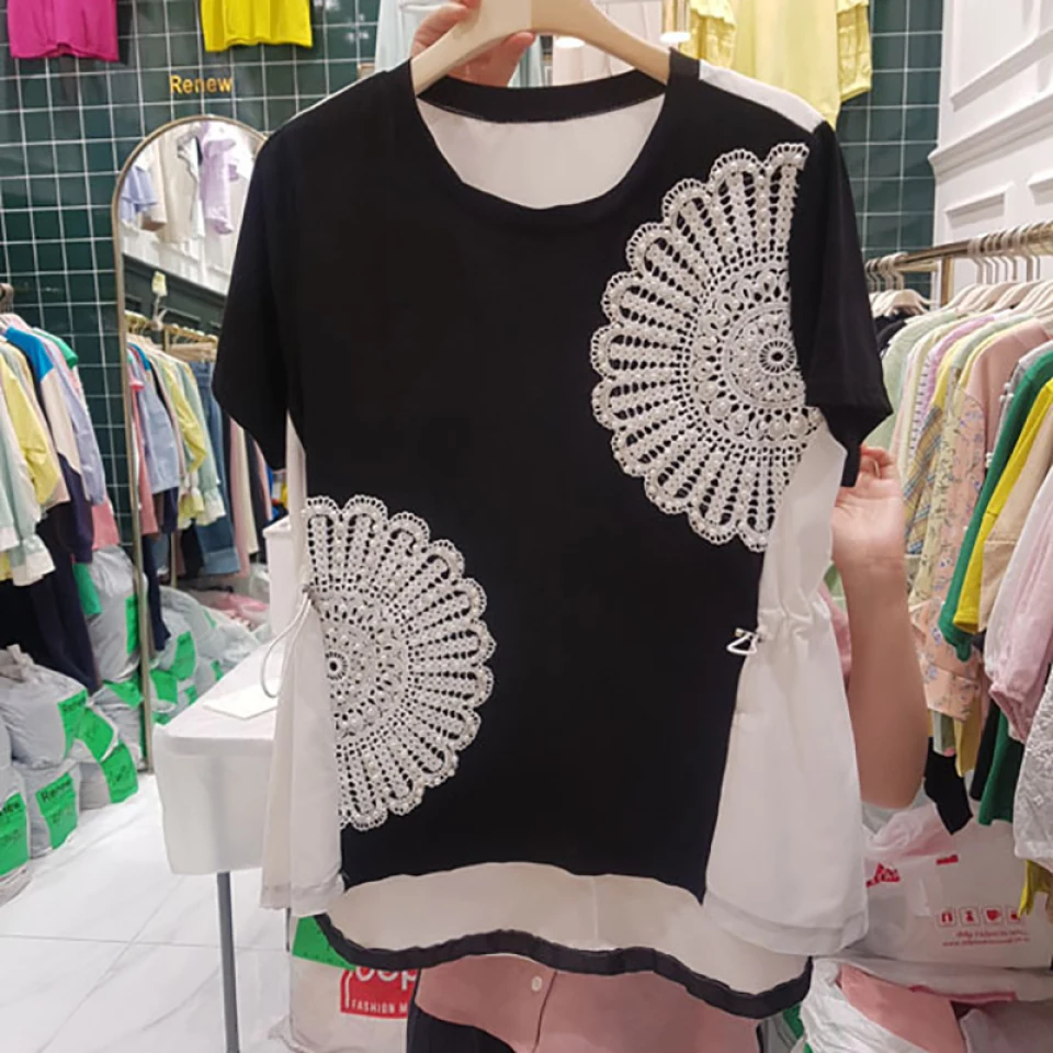 2021 summer new product trend temperament short-sleeved T-shirt contrast color pearl decoration stitching top women
2021 summer new product trend temperament short-sleeved T-shirt contrast color pearl decoration stitching top women