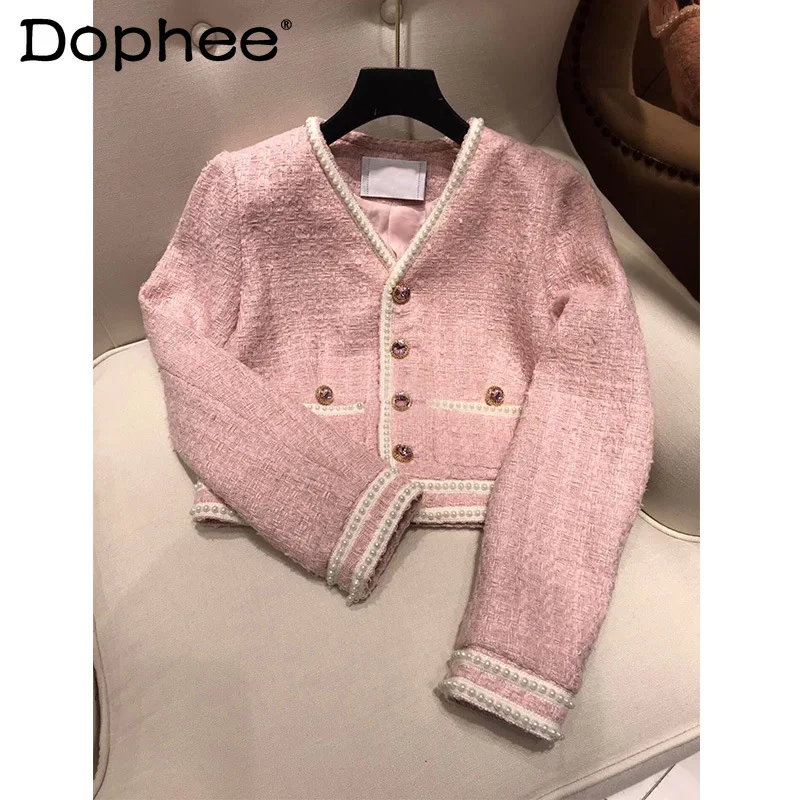 Pink Socialite Style Short Woolen Coats 2021 New Spring Autumn Clothing V-neck Single-Breasted Beading Tweed Jackets Fashion Top
Pink Socialite Style Short Woolen Coats 2021 New Spring Autumn Clothing V-neck Single-Breasted Beading Tweed Jackets Fashion Top