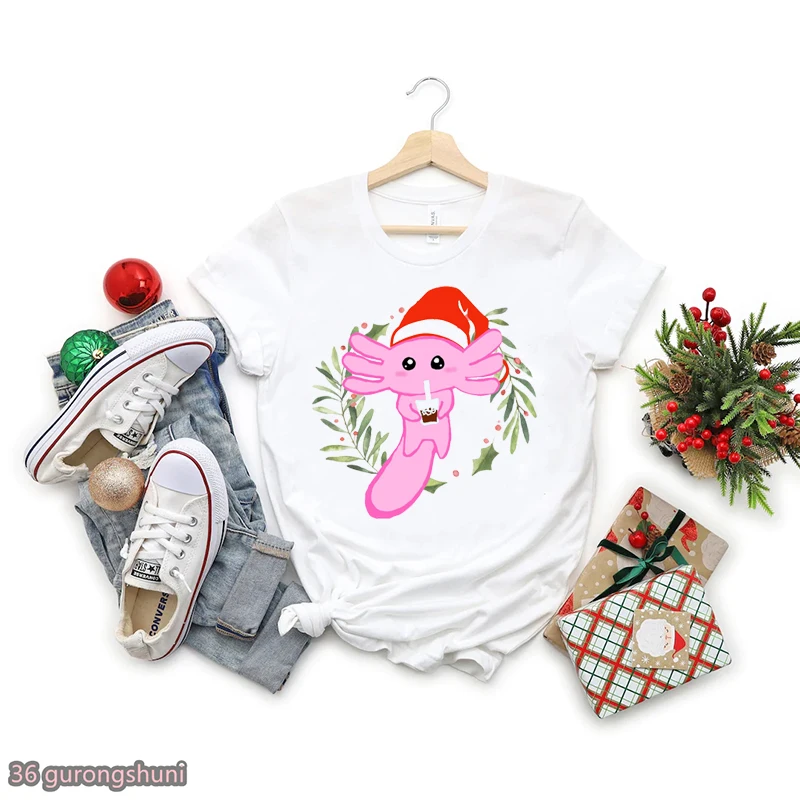 

Merry Christmas Axolotl Boba Print Women Tshirts Funny White T-Shirt Femme Harajuku Kawaii T Shirt Female Summer Fashion Tops