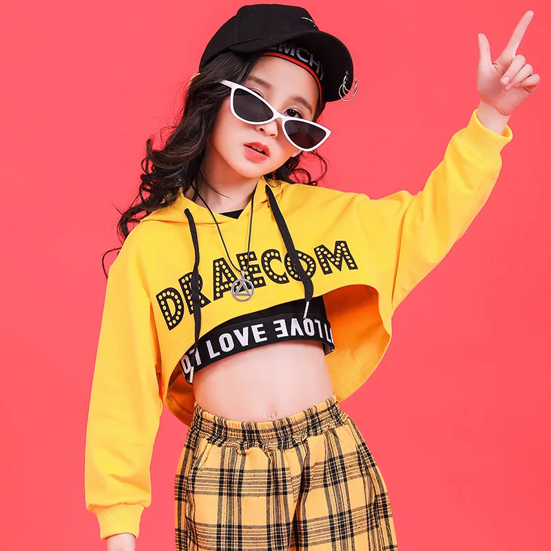 Yellow Girls Boys Hip Hop Hoodies Dance Clothes for Kids Jazz Dancing Costumes T Shirt Ballroom Crop Tops Plaid Jogger Pants |