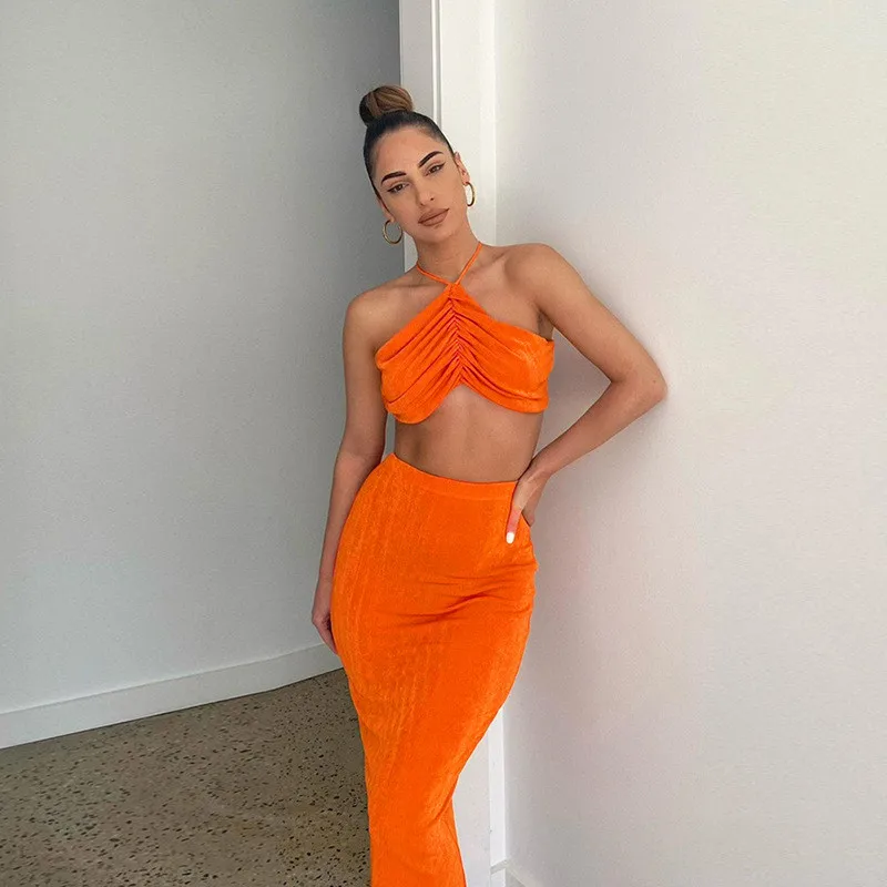 Sexy Streetwear Halter Bandage Neon Orange Two Piece Skirts Sets Women Tracksuit Fashion Lace Up Camisole and Midi Skirt Suits
Sexy Streetwear Halter Bandage Neon Orange Two Piece Skirts Sets Women Tracksuit Fashion Lace Up Camisole and Midi Skirt Suits
