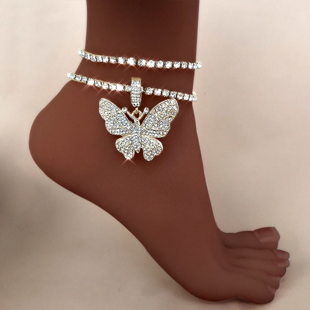 

Bohemian Full Rhinestone Paved Butterfly Tennis Chain Pendant Anklet For Women Crystal Double layer Anklet New Barefoot Jewelry