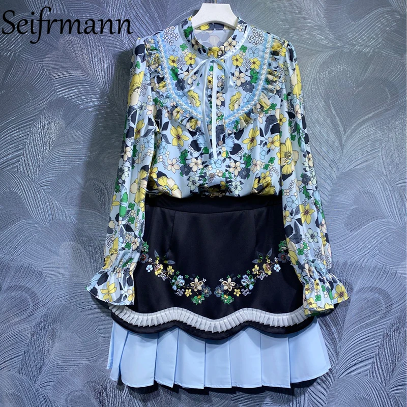 Seifrmann New 2021 Summer Women Fashion Runway Skirt Set Flare Sleeve Beading Ruffles Blouses + High Waist Patchwork Skirts Suit
Seifrmann New 2021 Summer Women Fashion Runway Skirt Set Flare Sleeve Beading Ruffles Blouses + High Waist Patchwork Skirts Suit