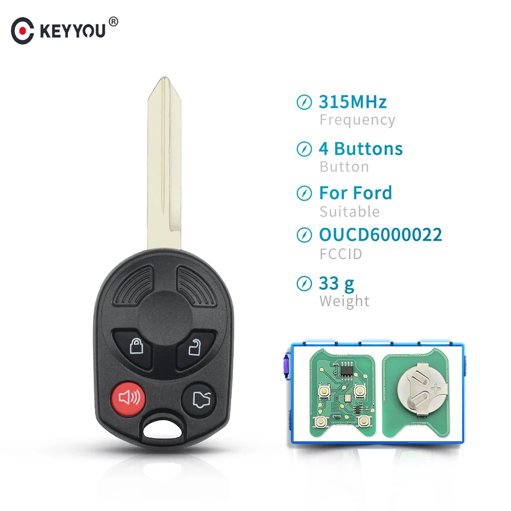 

KEYYOU 315Mhz Car Complete Remote Key For Ford Escape Focus Keyless Shell Entry Fob 4 Buttons OUCD6000022 With ID63 Chip 80Bit