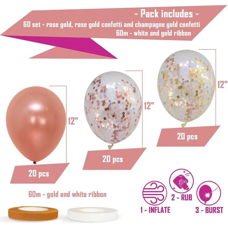 62Pack Rose Gold Balloon+Confetti Balloon with Ribbon Rosegold Balloons for Party Bridal&Baby Shower Decoration | Дом и сад