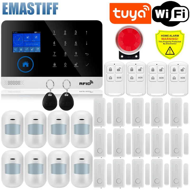 

quad band wireless wifi gsm alarm system TFT display door sensor home security alarm systems Wired Siren Kit SIM SMS Alarm