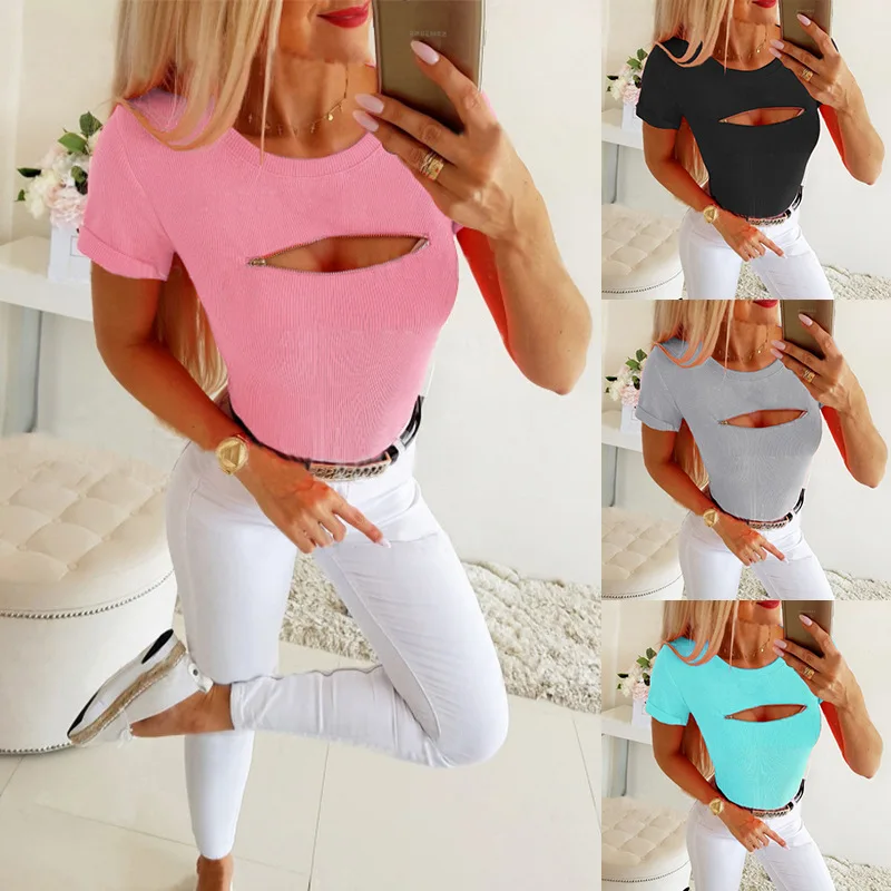 New summer hot style European women's sexy zipper short sleeve slim T-shirt
New summer hot style European women's sexy zipper short sleeve slim T-shirt