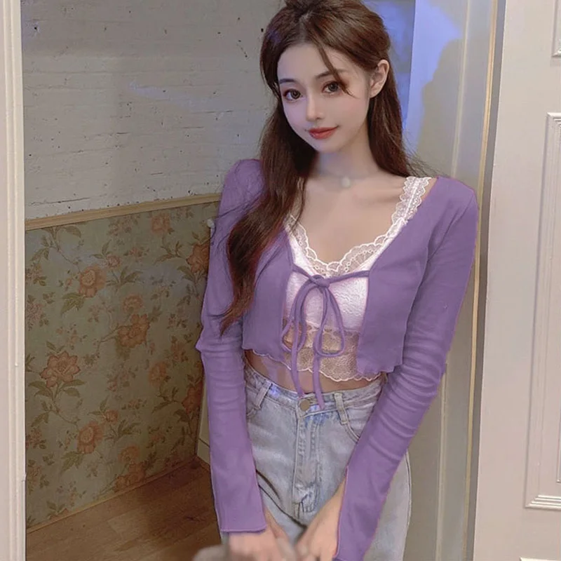 Candy Color Long-sleeved Coat Women's Inner Wear Thin Section Early Autumn Casual Tops Lace Knitted Coat 
Candy Color Long-sleeved Coat Women's Inner Wear Thin Section Early Autumn Casual Tops Lace Knitted Coat