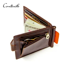 CONTACTS Cow Leather Money Clip Men Card Wallet Thin Money Clamp for 10 Cards Male Bifold Credit Card Case with Zip Coin Pocket