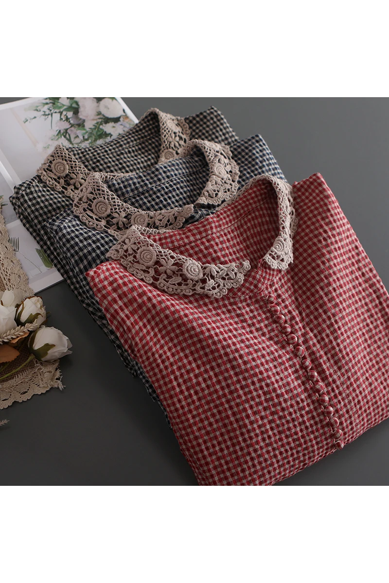 Romatic Hook Flower Hollow Collar Plaid Shirt Women tops half sleeve Summer Shirt Female 
Romatic Hook Flower Hollow Collar Plaid Shirt Women tops half sleeve Summer Shirt Female