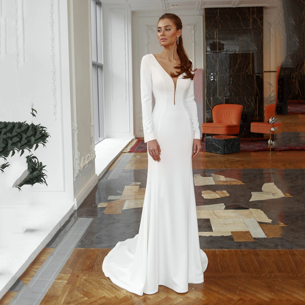 Elegant Deep Sweetheart Satin Bridal Gowns Sexy Backless Beading Wedding Dress Long Sleeves Vestido De Novia Custom Made 2021
Elegant Deep Sweetheart Satin Bridal Gowns Sexy Backless Beading Wedding Dress Long Sleeves Vestido De Novia Custom Made 2021