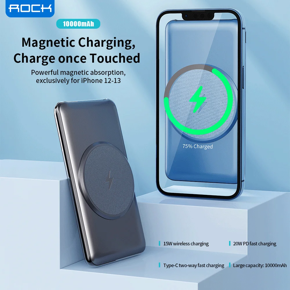 ROCK магнитный беспроводной внешний аккумулятор 10000 мАч для iPhone 13 12 Pro Max Mini PD