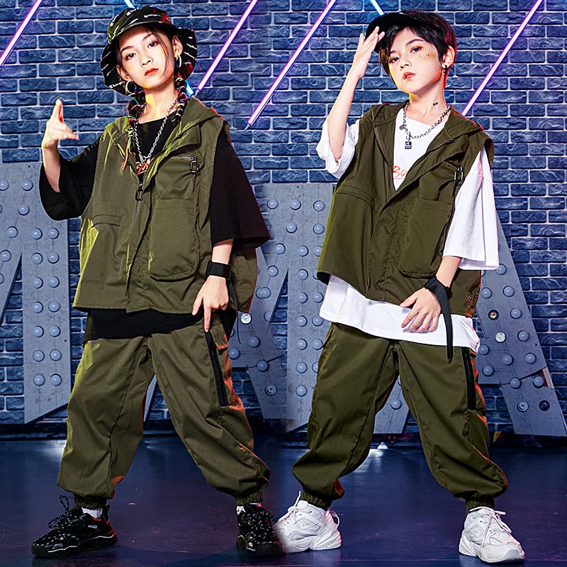 Kid Hip Hop Clothing Army Green Hoodie Sleeveless Jacket Streetwear Tactical Cargo Pants for Girl Boy Dance Costume Clothes 2pcs 
Kid Hip Hop Clothing Army Green Hoodie Sleeveless Jacket Streetwear Tactical Cargo Pants for Girl Boy Dance Costume Clothes 2pcs