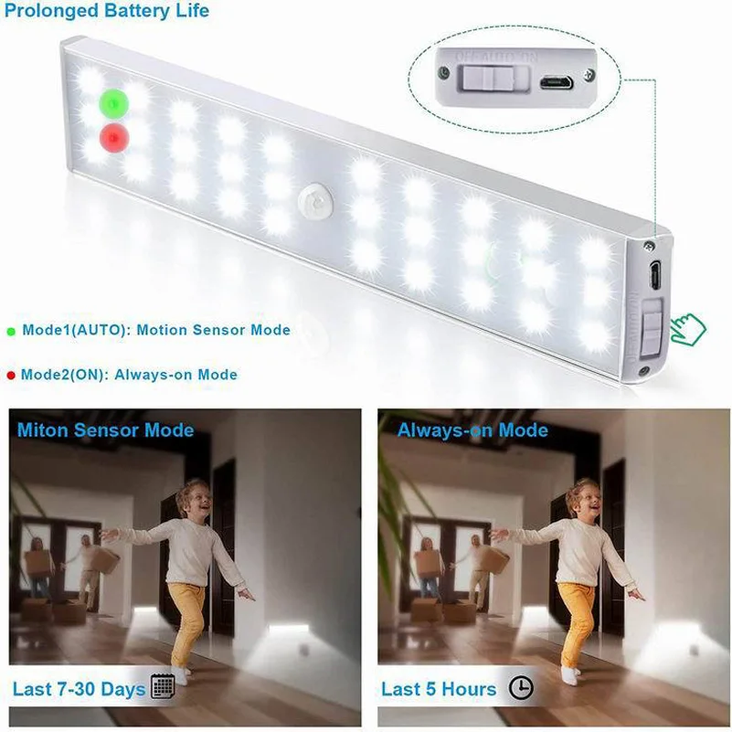 Motion Sensor Closet Lights 30 LEDs Under Cabinet Lights, USB Rechargeable Stick-on Stairs Step Light Bar, Safe LED Night Light
Motion Sensor Closet Lights 30 LEDs Under Cabinet Lights, USB Rechargeable Stick-on Stairs Step Light Bar, Safe LED Night Light