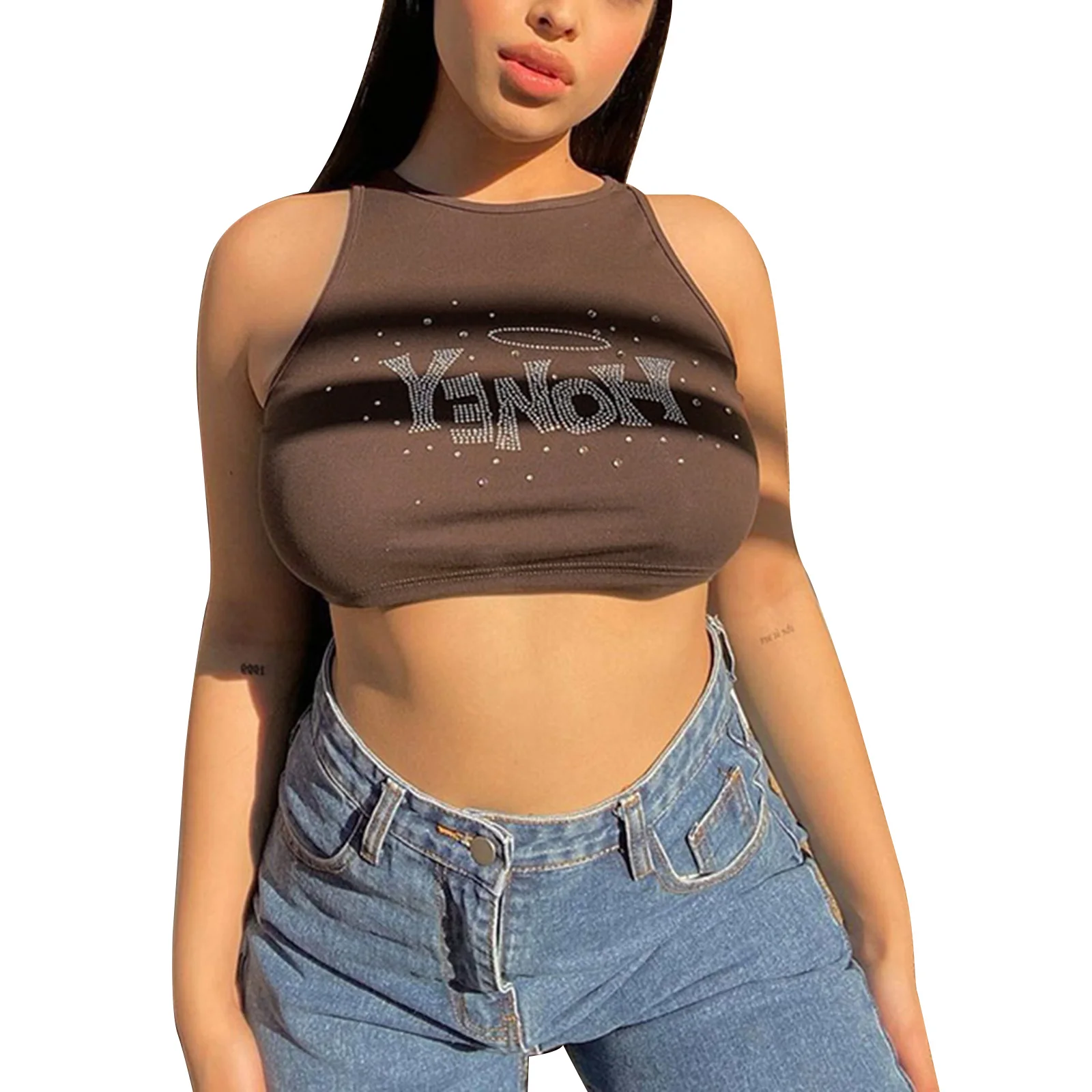 Women's Casual Tank Tops, Shiny Rhinestone Sleeveless Crew Neck Slim Fit Crop Tops 
Women's Casual Tank Tops, Shiny Rhinestone Sleeveless Crew Neck Slim Fit Crop Tops