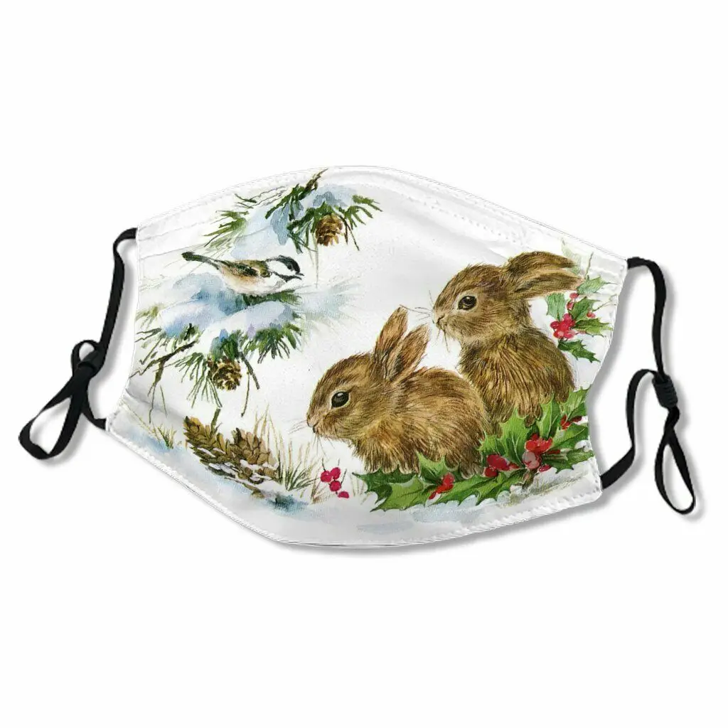 Christmas Forest Friends Bunny Chickadee Reusable Face Mask 
Christmas Forest Friends Bunny Chickadee Reusable Face Mask
