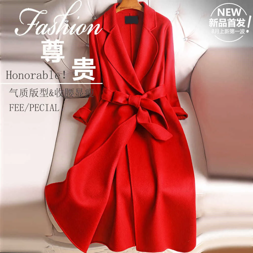 

Новинка 2021, высококачественное двустороннее кашемировое пальто, женское длинное красное приталенное шерстяное пальто выше колена на осень...