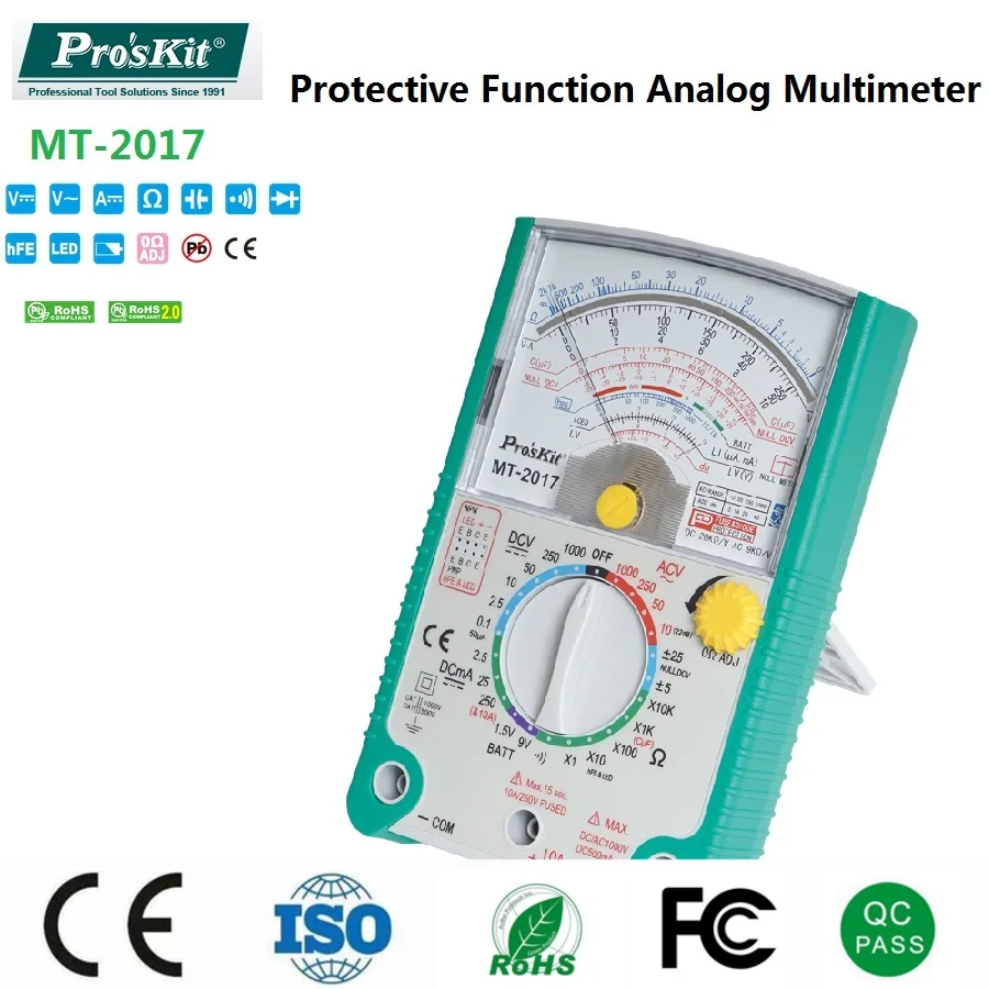Pro'skit MT-2017 Protective Function Analog Multimeter Safety Professional Voltage Tester Current Resistance Capacitance Meter
Pro'skit MT-2017 Protective Function Analog Multimeter Safety Professional Voltage Tester Current Resistance Capacitance Meter