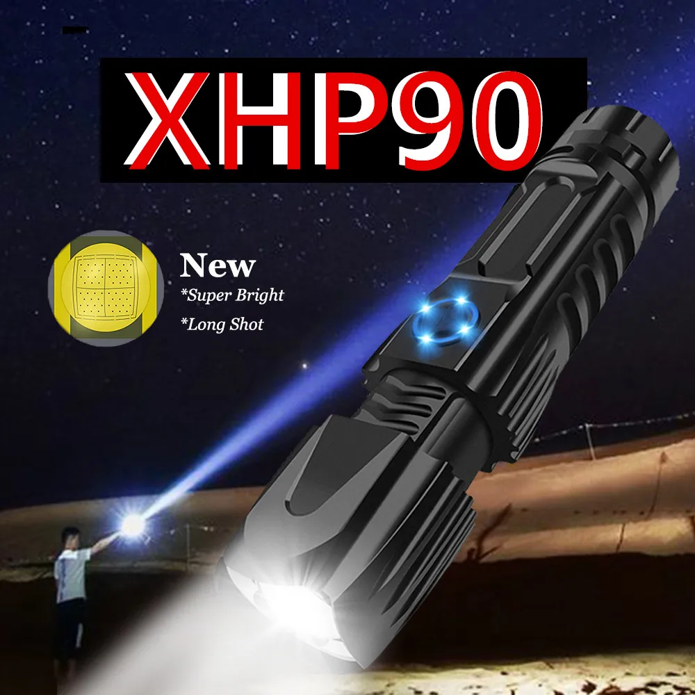 

powerful flashlight zoomable XHP90 LED Flashlight USB Rechargeable 26650 Flashlight Torch 5 Modes Lanterna Use 26650 for camping