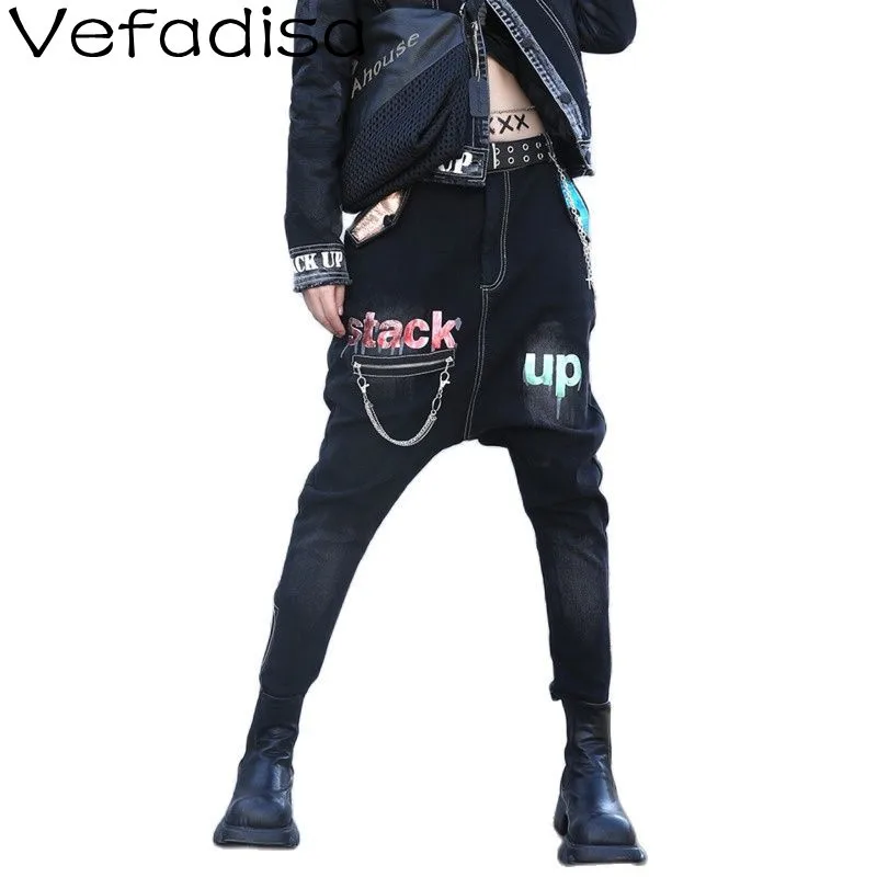 Зимние Плотные шаровары Vefadisa в уличном стиле, женские свободные шаровары с высокой талией, модные черные джинсовые шаровары с принтом TT539 
Зимние Плотные шаровары Vefadisa в уличном стиле, женские свободные шаровары с высокой талией, модные черные джинсовые шаровары с принтом TT539