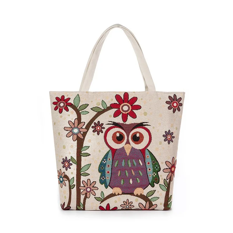 

Canvas Shopping Bag Spiraea Owl Pattern Jacquard Handbags Shopping Bags Shoulder Tote Shopping Bag Ladies Summer Canvas Handbags