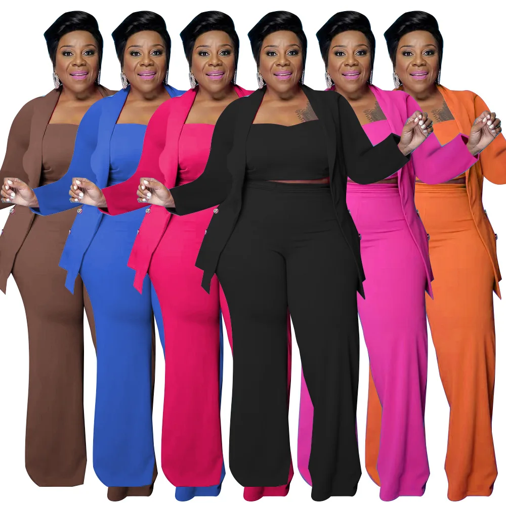 Plus Size Women Clothing Fall Pure Color Button Straps Strapless Long Sleeve Coat Wide Leg Pants Sets Wholesale Dropshipping
Plus Size Women Clothing Fall Pure Color Button Straps Strapless Long Sleeve Coat Wide Leg Pants Sets Wholesale Dropshipping
