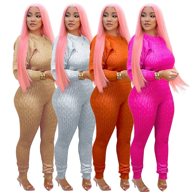 

Streetwear Ribbed Sweatsuit Women's Set Sweater Tops Legging Pants Set Active Knitted Tracksuit Two Piece Fitness Outfit