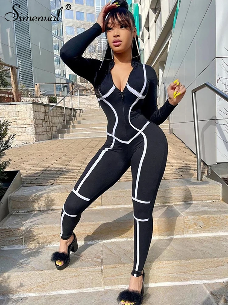 Simenual Bright Line Zipper Sporty Tight Long Jumpsuits Black Striped Workout Active Wear Bodycon Women Fall Winter Jumpsuit New
Simenual Bright Line Zipper Sporty Tight Long Jumpsuits Black Striped Workout Active Wear Bodycon Women Fall Winter Jumpsuit New