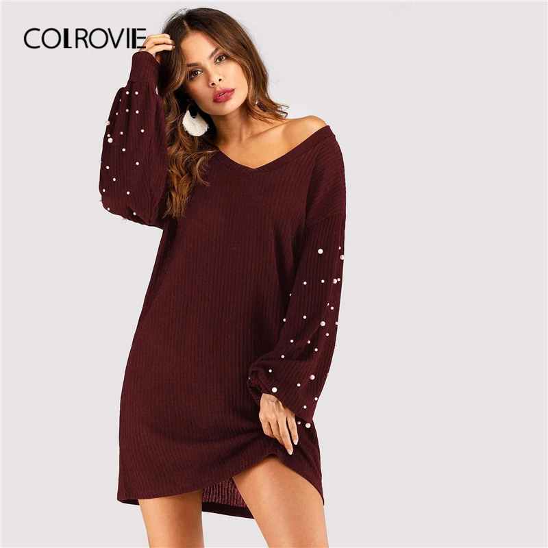 Фото COLROVIE Бордовое платье свитер с открытыми плечами украшенное - купить