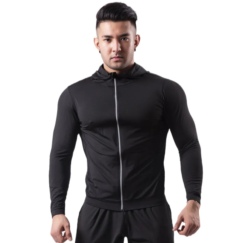 Men's sports jacket workout clothes long sleeve black high elastic quick-drying breathable Hood training sportswear
Men's sports jacket workout clothes long sleeve black high elastic quick-drying breathable Hood training sportswear