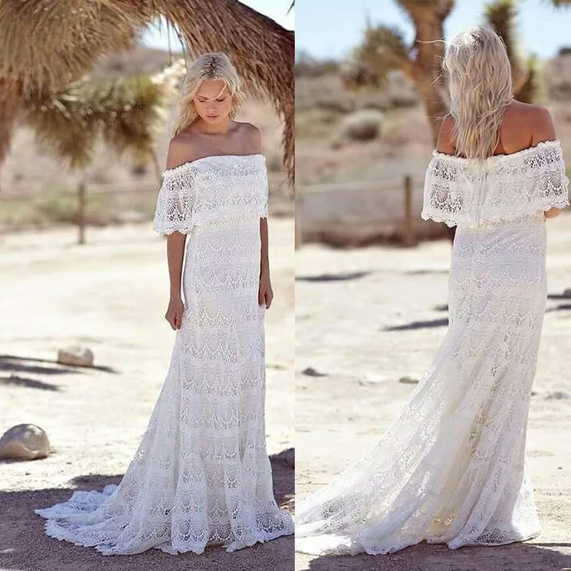 Simple Full Lace Country Wedding Dresses Off The Shoulder Sweep Train Short Sleeves Beach Bohemian Bridal Gowns 2021 Robe
Simple Full Lace Country Wedding Dresses Off The Shoulder Sweep Train Short Sleeves Beach Bohemian Bridal Gowns 2021 Robe