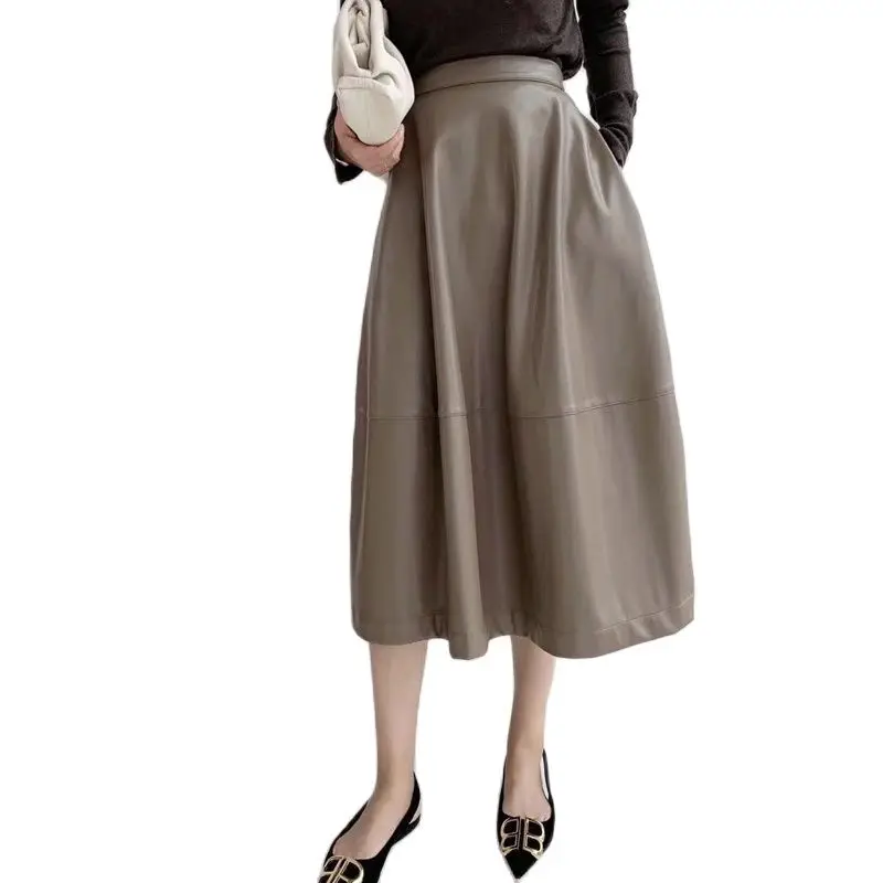 

Женская длинная юбка из натуральной кожи, элегантная длинная Расклешенная юбка с прострочкой, черная/хаки/белая/кофейная юбка-зонтик