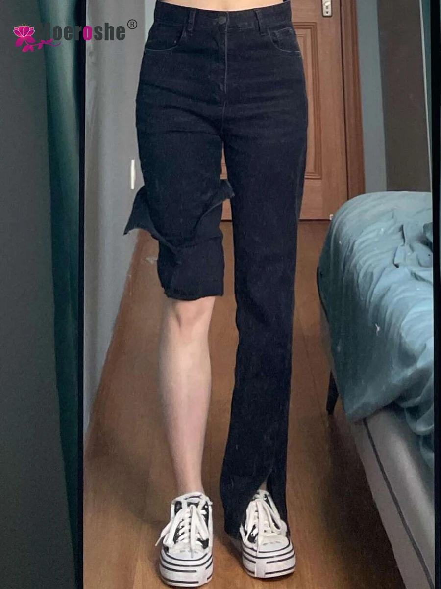 Moeroshe Flared Pants Women's Trousers Front Slit Straight Leg Ladies Korean Style Clothes Streetwear Black Flared Pants 2021
Moeroshe Flared Pants Women's Trousers Front Slit Straight Leg Ladies Korean Style Clothes Streetwear Black Flared Pants 2021