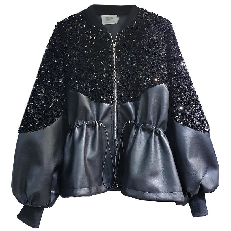 fall New Women Sequins Spliced PU Leather Jacket Fashion Black Drawstring Zipper Short Loose Faux Leather Coat Jacket Female
fall New Women Sequins Spliced PU Leather Jacket Fashion Black Drawstring Zipper Short Loose Faux Leather Coat Jacket Female