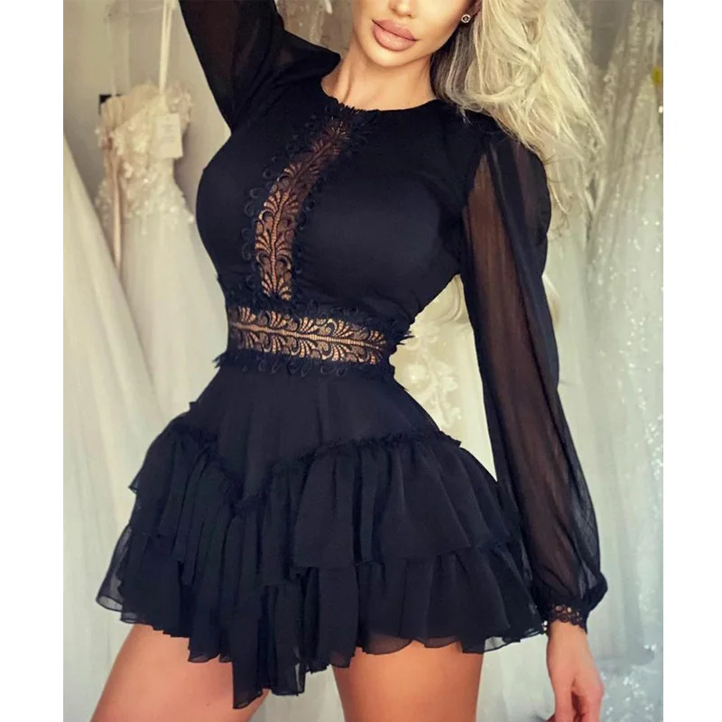 Women Stitching Lace Solid Color Long Sleeve Mini Dress Elegant Ruffles Party Dress
Women Stitching Lace Solid Color Long Sleeve Mini Dress Elegant Ruffles Party Dress