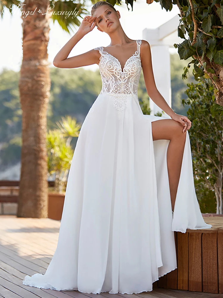 Luxury A-Line Chiffon Wedding Sleeveless Lace Applique French Gowns V Neck Backless High Waist Sexy High Split vestidos de novia
Luxury A-Line Chiffon Wedding Sleeveless Lace Applique French Gowns V Neck Backless High Waist Sexy High Split vestidos de novia