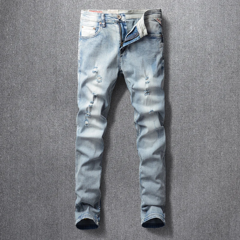 Korean Style Fashion Men Jeans Retro Light Blue Elastic Slim Fit Destroyed Ripped Jeans Men Streetwear Designer Denim Punk Pants
Korean Style Fashion Men Jeans Retro Light Blue Elastic Slim Fit Destroyed Ripped Jeans Men Streetwear Designer Denim Punk Pants