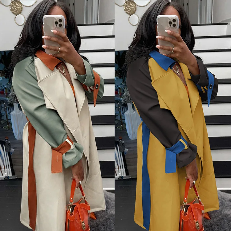 Осенний длинный Тренч с отложным воротником и длинными рукавами-фонариками 
Осенний длинный Тренч с отложным воротником и длинными рукавами-фонариками