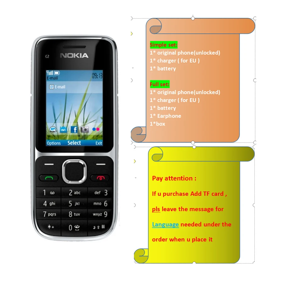

Original Nokia C2-01 Unlocked cell Phone C2 2.0" 3.2MP Bluetooth English/Russian/Hebrew/Arabic keyboard GSM/WCDMA 3G Used Phone