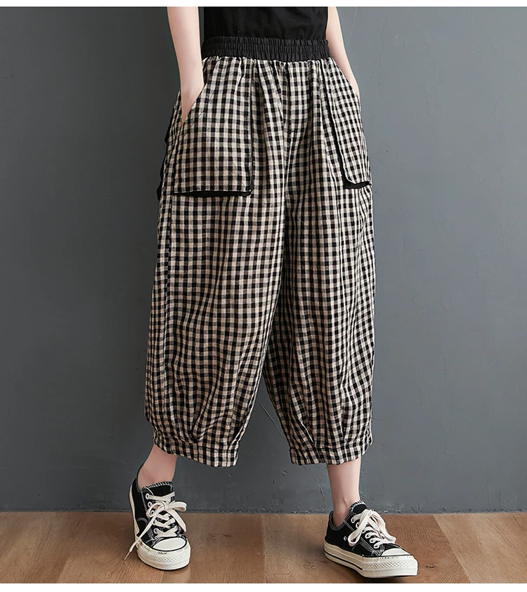 Cotton linen wide-leg pants Elastic waist Plaid Loose Casual Cropped pants 
Cotton linen wide-leg pants Elastic waist Plaid Loose Casual Cropped pants