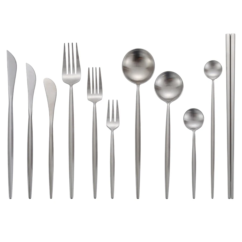 Matte silverware dinnerware Sets 18/10 Stainless Steel Dining Spoon Fork Knife Chopsticks Set Kitchen Round Handle Cutlery Sets
Matte silverware dinnerware Sets 18/10 Stainless Steel Dining Spoon Fork Knife Chopsticks Set Kitchen Round Handle Cutlery Sets