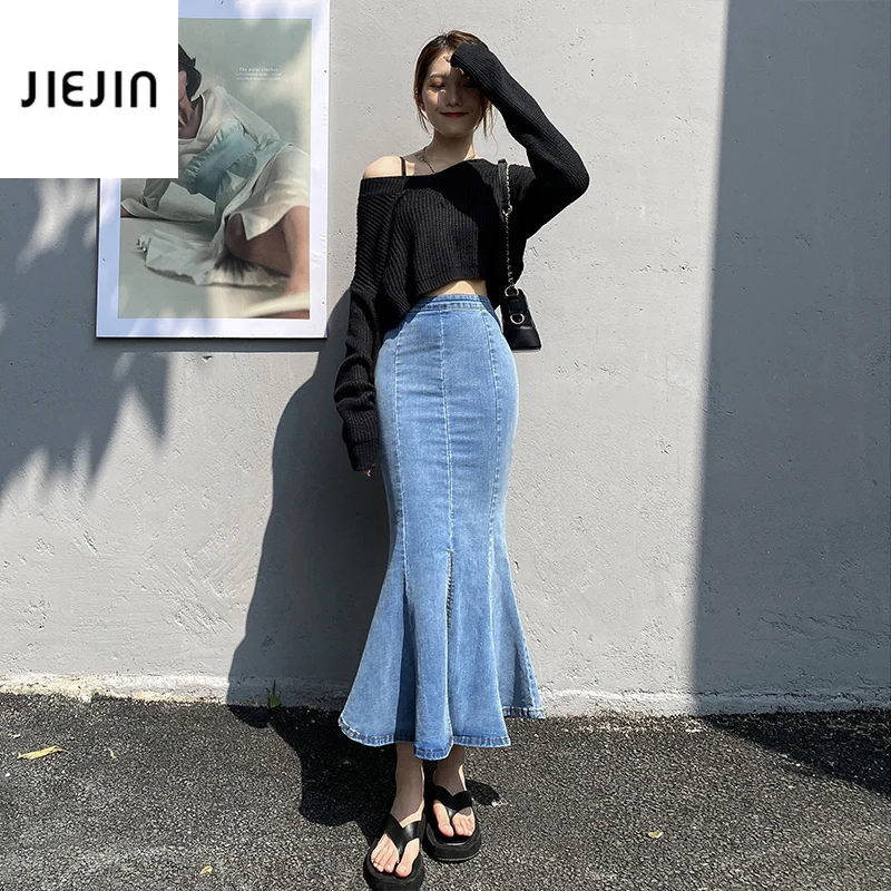 Black Denim Fishtail Skirt High Waist Slim One-Step Pencil Skirt Mid-length Package Hip and Ruffled Fishtail Skirt Long Skirts
Black Denim Fishtail Skirt High Waist Slim One-Step Pencil Skirt Mid-length Package Hip and Ruffled Fishtail Skirt Long Skirts