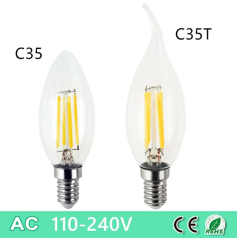 

E14 LED Filament C35 Lamp C35L Dimmable Glass Candle Bulb 220V 2W 4W 8W 12W Replace 20W 40W 60W Halogen Light Chandeliers