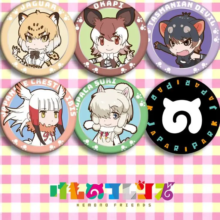 6 шт./1 лот аниме Kemono Friends Jaguar Okapi Tasmanian Devil Alpaca Suri значки в виде фигур круглая брошь