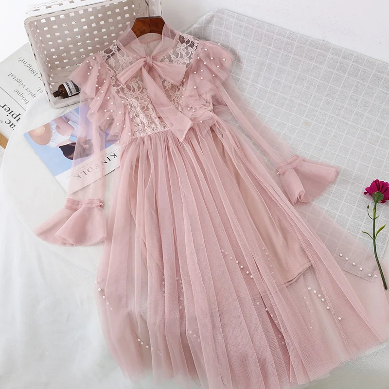 Nail Bead Bow College Dress Super Fairy Net Yarn Lotus Flange Bell Sleeve Lace Dress Sweet Pleated Rivet Flare Sleeve Empire
Nail Bead Bow College Dress Super Fairy Net Yarn Lotus Flange Bell Sleeve Lace Dress Sweet Pleated Rivet Flare Sleeve Empire