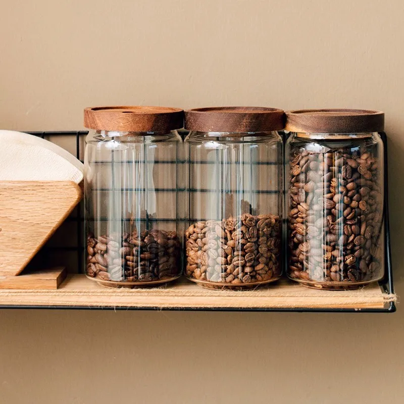 Glass Storage Bottle Container Wooden Lid Sealed Moisture-proof Jar Coffee Bean Pasta Grain Oatmeal Kitchen | Дом и сад