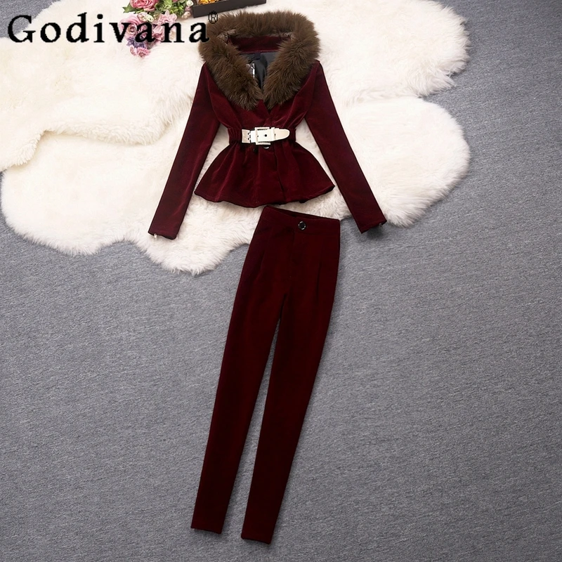 2021 Autumn and Winter New Slim-Fit Trousers Set Big Fur Collar Top Pants Suit Ladies Ruffled Coat Trousers Two-Piece Set Female
2021 Autumn and Winter New Slim-Fit Trousers Set Big Fur Collar Top Pants Suit Ladies Ruffled Coat Trousers Two-Piece Set Female